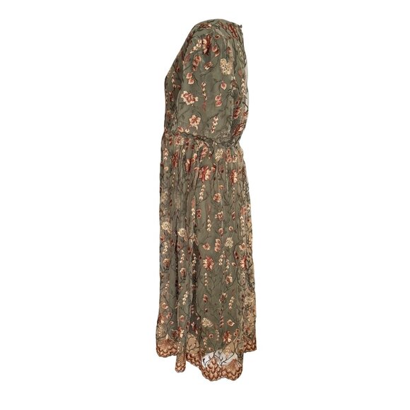 Deauville Maternity Floral Embroidered Midi Dress L Green Orange Lace Hem Short - Picture 6 of 7